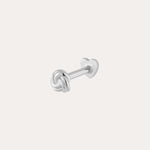 The 14K Solid White Gold Love Knot Flat Back Stud features a knot design and a heart-shaped flat back closure, shown in 14K white gold against a plain light background.
