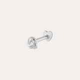 The 14K Solid White Gold Love Knot Flat Back Stud features a knot design and a heart-shaped flat back closure, shown in 14K white gold against a plain light background.