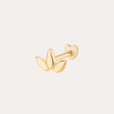 The 14K Solid Yellow Gold Lotus Flat Back Stud is a minimalist earring featuring three overlapping petals, a simple bar, and a heart-shaped backing—an elegant choice for piercing jewelry in classic 14K yellow gold.