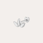 The 14K Solid White Gold Lotus Flat Back Stud in 14K white gold features three petal-shaped elements and a heart-shaped back, shown on a plain white background.