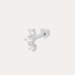 A 14K white gold curved trio flat back stud earring featuring lab-grown diamonds arranged in a small cluster, set against a plain white background.