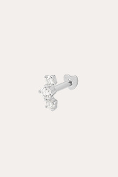 A 14K white gold curved trio flat back stud earring featuring lab-grown diamonds arranged in a small cluster, set against a plain white background.