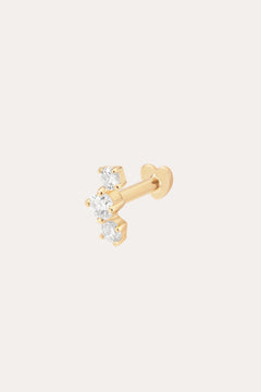 The 14K Solid Yellow Gold Lab-Grown Diamond Curved Trio Flat Back Stud features three round, lab-grown diamonds in a triangle on a 14K yellow gold post with a flat backing for comfort.