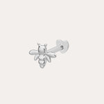 The 14K Solid White Gold Busy Bee Flat Back Stud in 14K white gold features intricate wings and body, shown on a simple light background—an elegant choice for piercing jewelry.