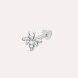 The 14K Solid White Gold Busy Bee Flat Back Stud in 14K white gold features intricate wings and body, shown on a simple light background—an elegant choice for piercing jewelry.