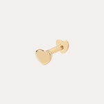 The 14K Solid Yellow Gold Heart Flat Back Stud features a heart-shaped front with matching backing, crafted from solid gold and displayed on a simple light background—ideal for those who love elegant body jewelry.
