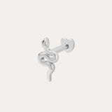 The 14K Solid White Gold Snake Flat Back Stud is a striking coiled snake earring, perfect for piercings and shown on a plain white background.
