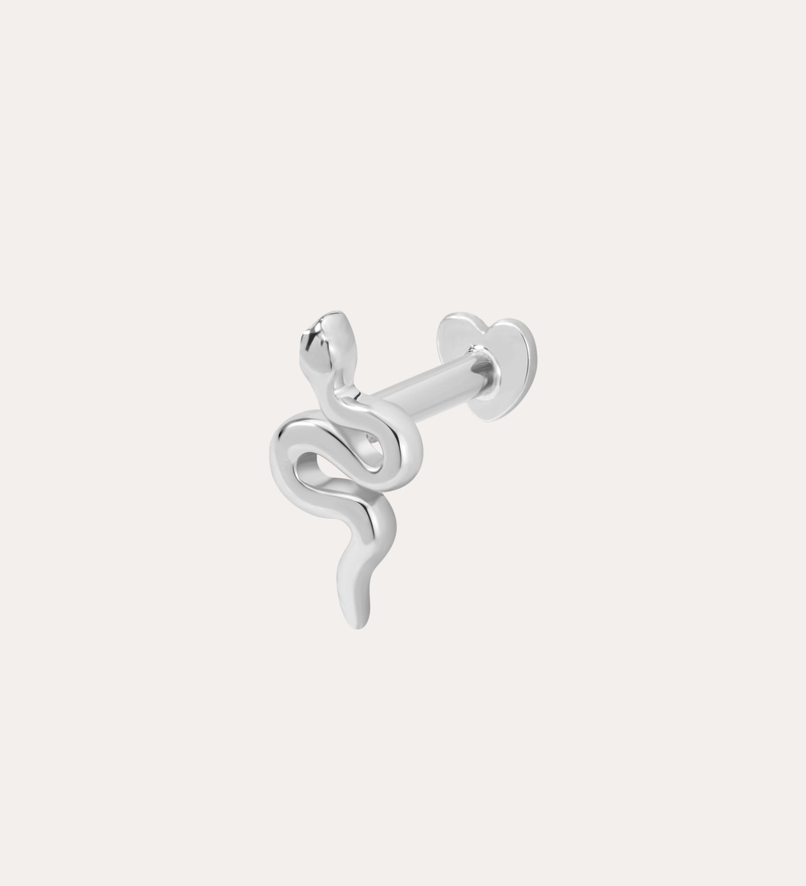 The 14K Solid White Gold Snake Flat Back Stud is a striking coiled snake earring, perfect for piercings and shown on a plain white background.