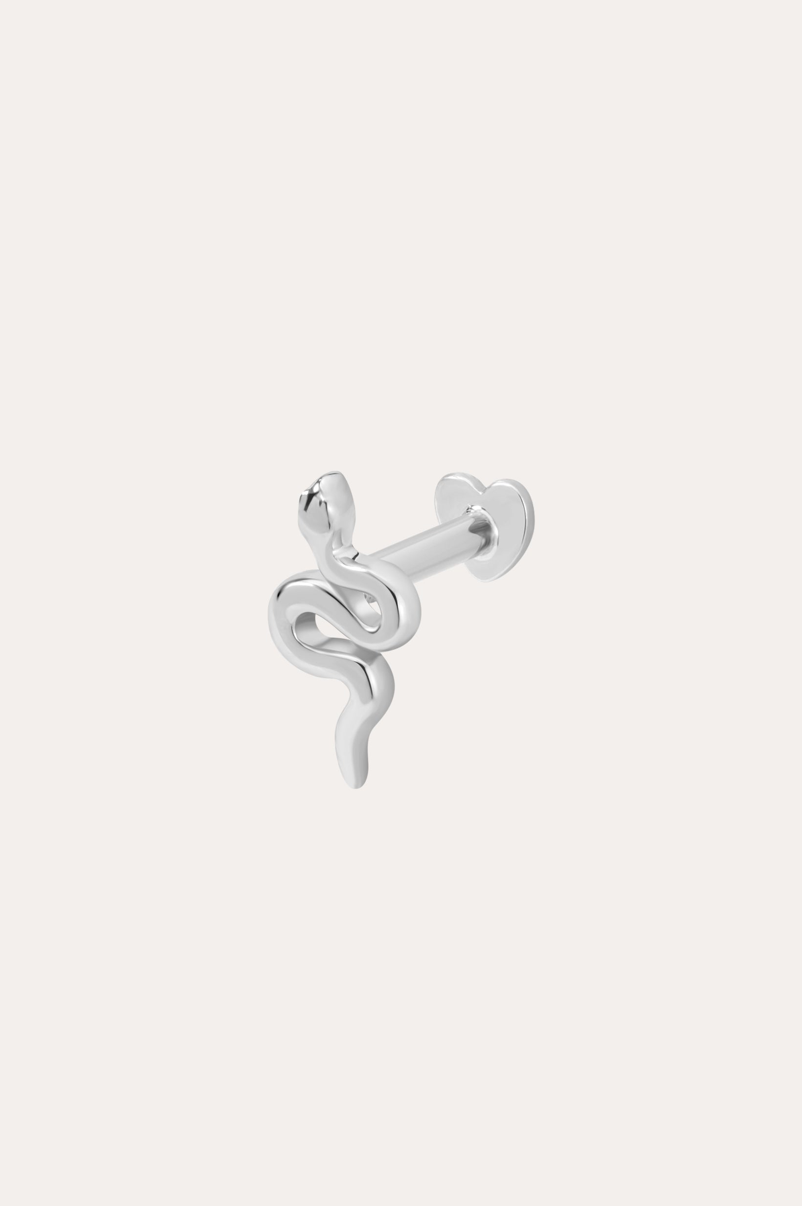The 14K Solid White Gold Snake Flat Back Stud is a striking coiled snake earring, perfect for piercings and shown on a plain white background.