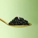 Gold spoon with black caviar on a light green background