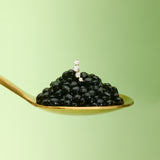 Gold spoon with black caviar on a light green background