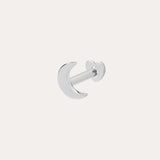 The 14K Solid White Gold Moon Flat Back Stud, in 14K white gold and crescent moon shape, is shown on a plain white background. Ideal as a stackable earring for a subtle celestial look.