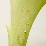Gold star-shaped earrings with chains on a green fabric background