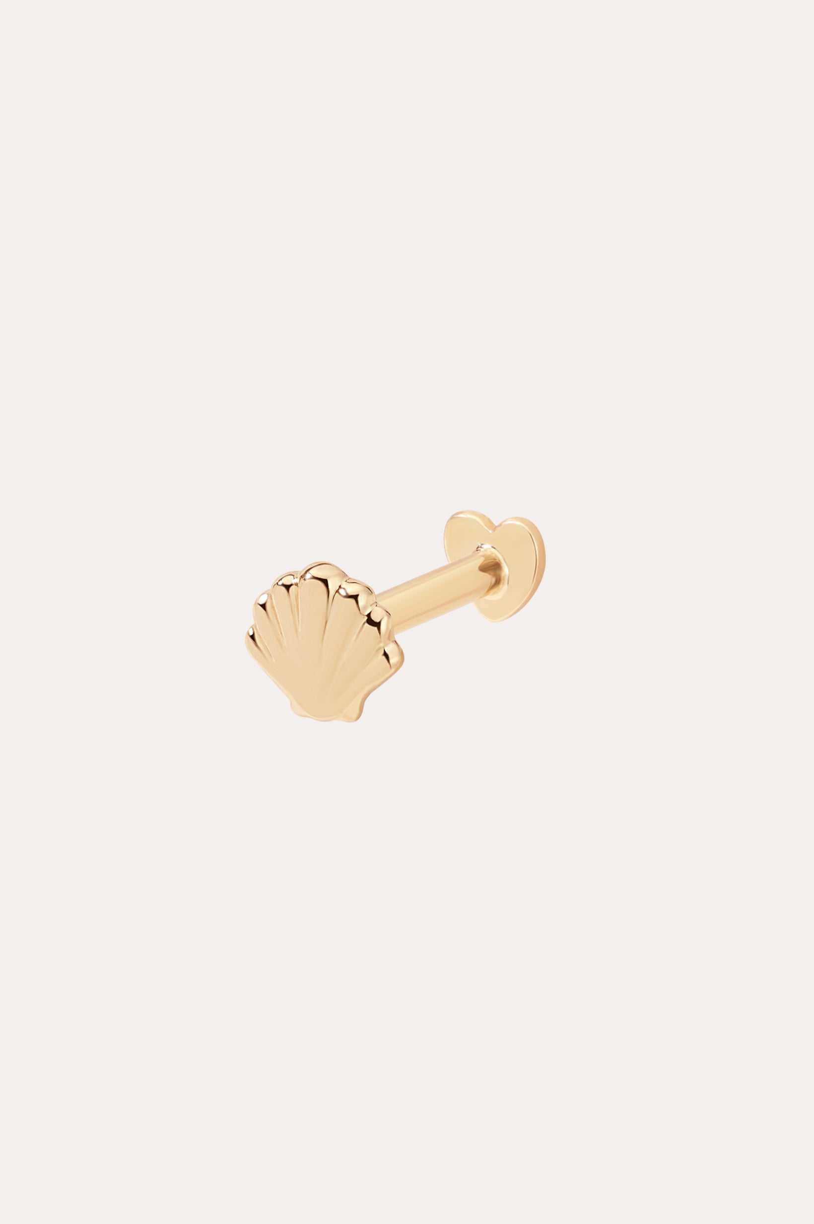 The 14K Solid Yellow Gold Shell Flat Back Stud is a small earring in 14K yellow gold, featuring a seashell-shaped front and flat back closure, shown on a plain white background.