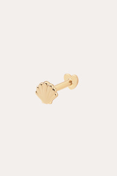 The 14K Solid Yellow Gold Shell Flat Back Stud is a small earring in 14K yellow gold, featuring a seashell-shaped front and flat back closure, shown on a plain white background.