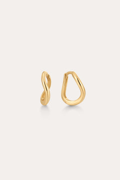 The 14K Recycled Solid Gold Twisted Huggie Earrings feature smooth, wavy, organic shapes and an asymmetrical design. These mini hoops are crafted from recycled gold and displayed on a plain light background.