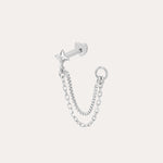 The 14K Solid White Gold Lab-grown Diamond Double Chain Flat Back Stud features a star stud, straight barbell, and two delicate chain loops with a small hoop, all in 14K white gold. Shown on a plain white background.