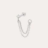 The 14K Solid White Gold Lab-grown Diamond Double Chain Flat Back Stud features a star stud, straight barbell, and two delicate chain loops with a small hoop, all in 14K white gold. Shown on a plain white background.