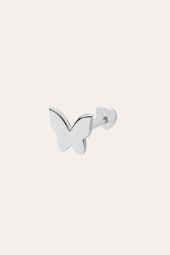 The 14K Solid White Gold Butterfly Flat Back Stud features a minimalist butterfly design in 14K white gold, crafted with a flat back stud and shown against a plain white background.