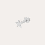 The 14K Solid White Gold Mini Star Flat Back Stud features a five-pointed star front and a smooth circular backing, offering subtle celestial charm to your style against a plain white background.