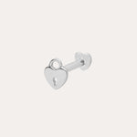 The 14K Solid White Gold Lock Flat Back Stud features a heart-shaped padlock with a central keyhole design, set against a plain white background—an elegant addition to your body jewellery collection.