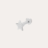 A 14K Solid White Gold Star Flat Back Stud earring featuring a small five-pointed star and simple round backing, perfect for ear stacking. Shown in elegant 14K white gold against a plain white background.