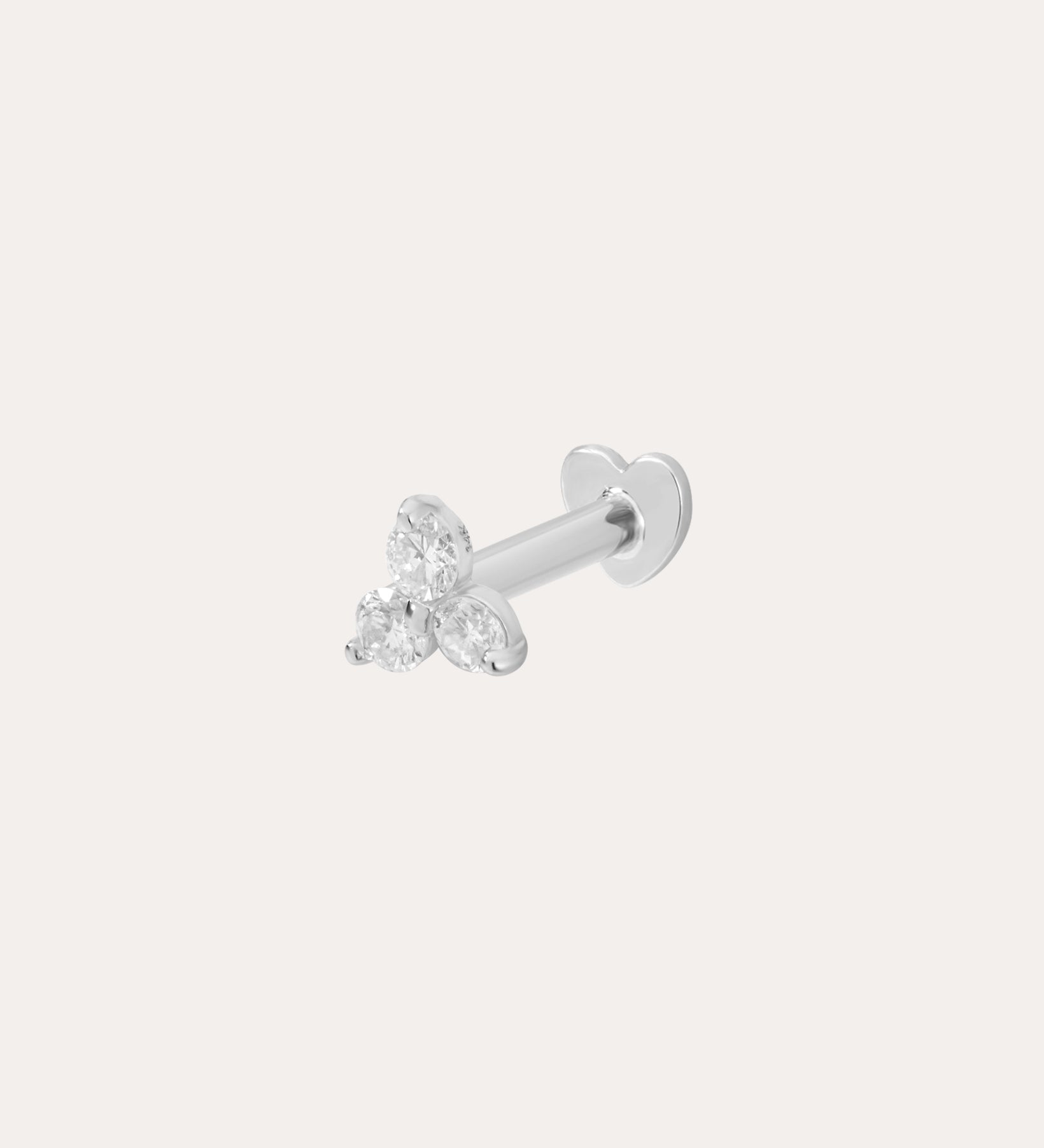 The 14K Solid White Gold Lab-Grown Diamond Trinity Flat Back Stud features three small clear lab-grown diamond studs in a triangular cluster, displayed against a plain white background.
