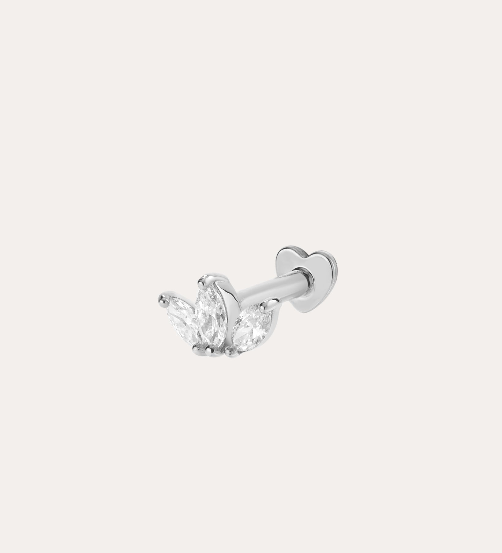 A 14K white gold lotus flat back stud earring featuring lab-grown diamonds in a cluster of three marquise stones with a heart-shaped backing, shown against a plain off-white background.