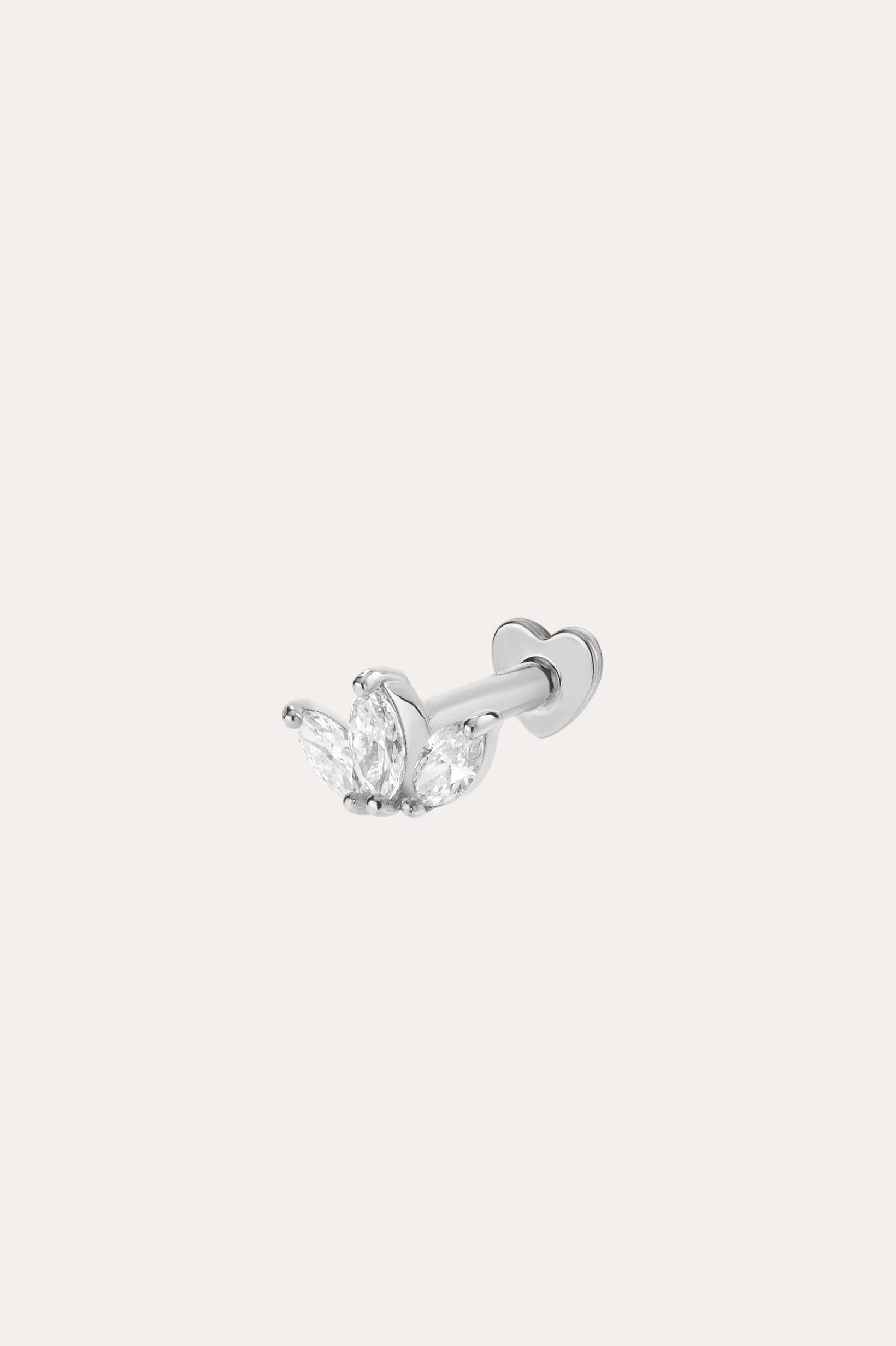 A 14K white gold lotus flat back stud earring featuring lab-grown diamonds in a cluster of three marquise stones with a heart-shaped backing, shown against a plain off-white background.