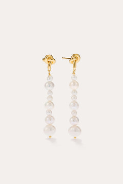 Knot Multi Pearl Drop Earrings in 14K Gold Plated, featuring a vertical row of graduated freshwater pearls, displayed against a plain light background.