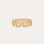 The Crystal Link Ring in Gold features a 14K gold plated, geometric chain link design with small embedded clear stones, and is displayed on a plain light background.