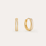 The Mother of Pearl Huggies in Gold are 18k gold-plated small hoops with a glossy white enamel inlay, shown on a light background with one earring facing forward and the other from the side—perfect for everyday jewellery stacks.