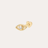 The 14K Solid Yellow Gold Lab-Grown Diamond Evil Eye Flat Back Stud features a twisted border, a central lab-grown diamond, and a heart-shaped backing. Displayed against a plain, light-colored background.