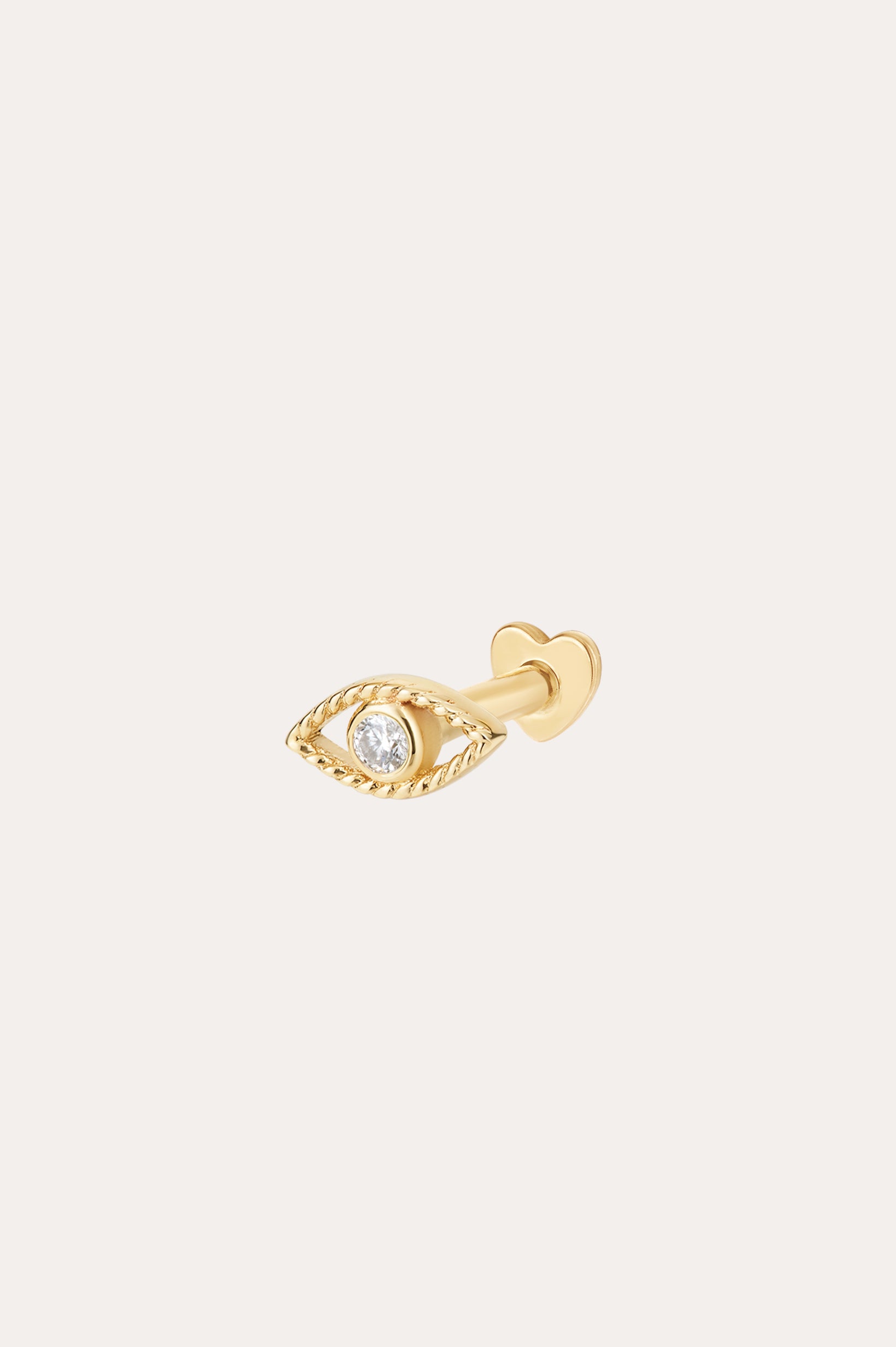 The 14K Solid Yellow Gold Lab-Grown Diamond Evil Eye Flat Back Stud features a twisted border, a central lab-grown diamond, and a heart-shaped backing. Displayed against a plain, light-colored background.