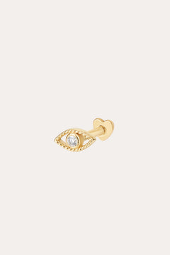 The 14K Solid Yellow Gold Lab-Grown Diamond Evil Eye Flat Back Stud features a twisted border, a central lab-grown diamond, and a heart-shaped backing. Displayed against a plain, light-colored background.
