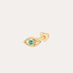 A 14K Solid Yellow Gold Lab-Grown Green Diamond Evil Eye Flat Back Stud, featuring a green diamond center and heart-shaped backing, is displayed against a plain white background.