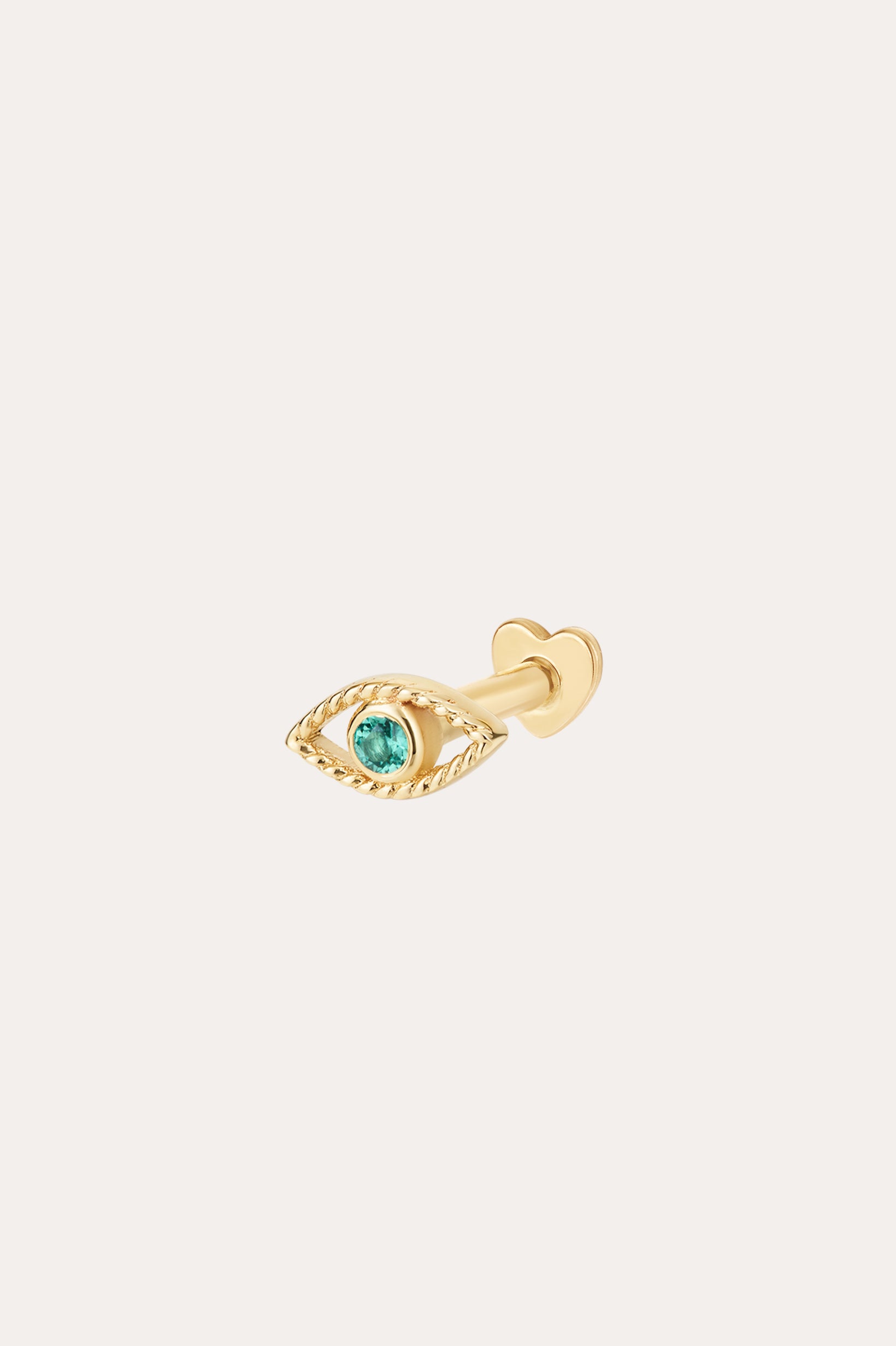 A 14K Solid Yellow Gold Lab-Grown Green Diamond Evil Eye Flat Back Stud, featuring a green diamond center and heart-shaped backing, is displayed against a plain white background.