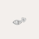 A 14K solid white gold lab-grown diamond Evil Eye flat back stud, shaped like an eye with a central diamond and textured border, set against a plain light background.