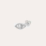 A 14K solid white gold lab-grown diamond Evil Eye flat back stud, shaped like an eye with a central diamond and textured border, set against a plain light background.