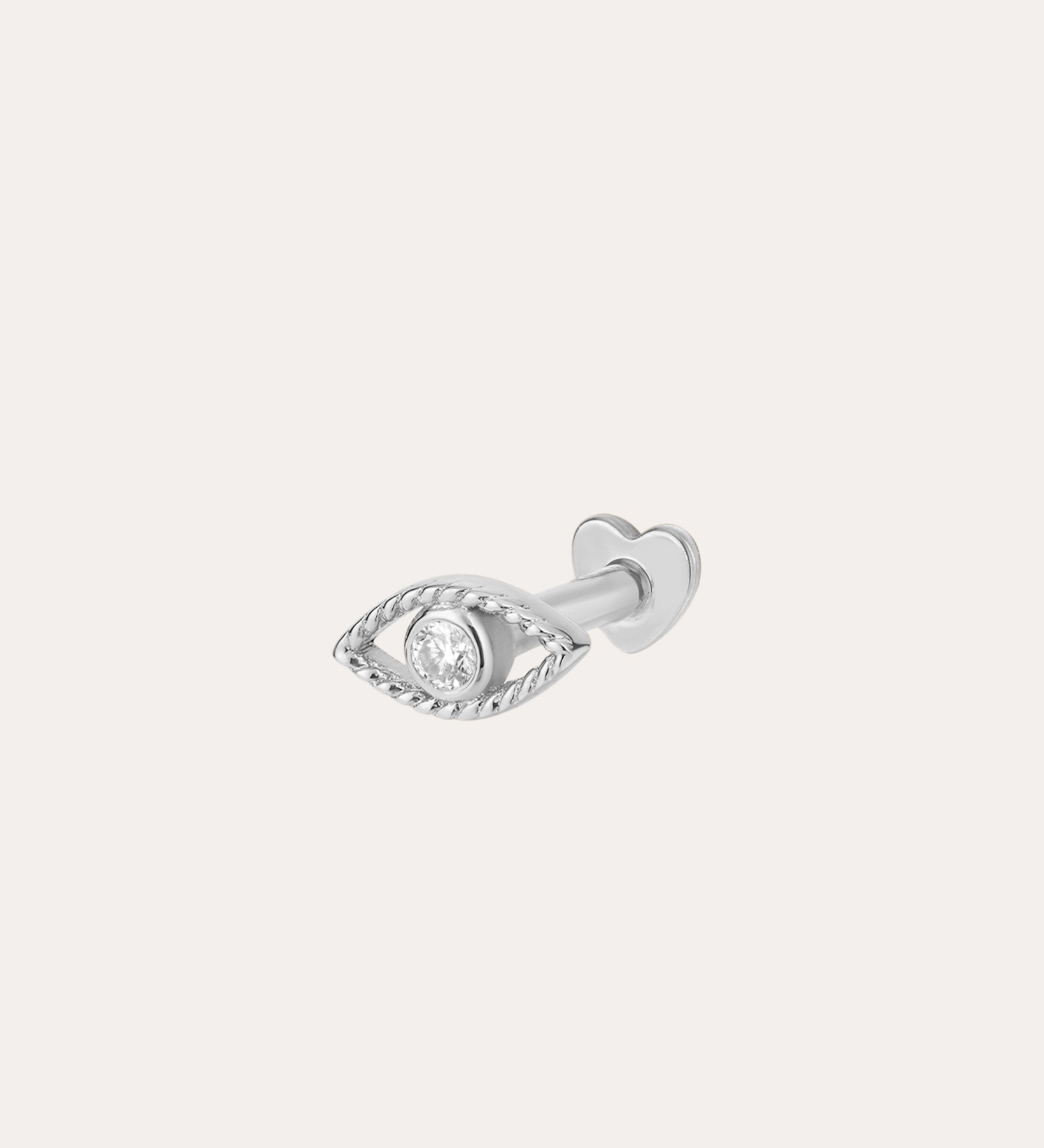 A 14K solid white gold lab-grown diamond Evil Eye flat back stud, shaped like an eye with a central diamond and textured border, set against a plain light background.
