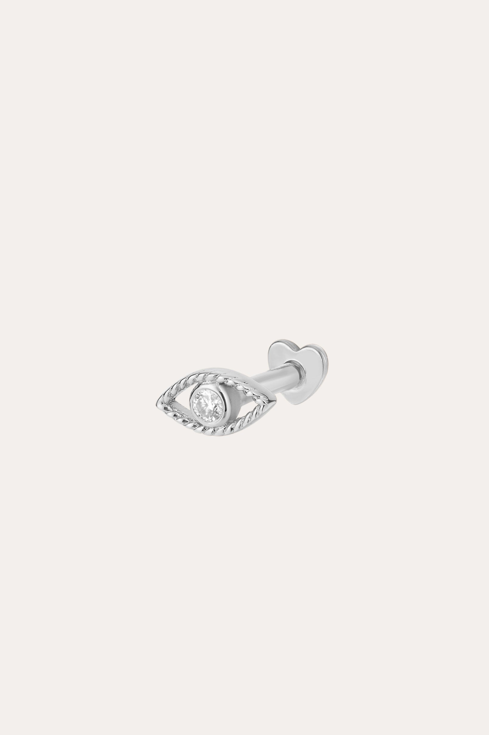 A 14K solid white gold lab-grown diamond Evil Eye flat back stud, shaped like an eye with a central diamond and textured border, set against a plain light background.