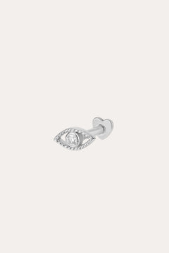 A 14K solid white gold lab-grown diamond Evil Eye flat back stud, shaped like an eye with a central diamond and textured border, set against a plain light background.