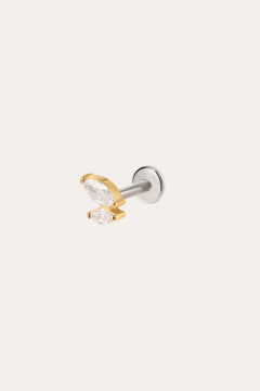 Introducing the Double Marquise Threadless Flat Back Titanium Cartilage Stud in Gold—crafted in sleek titanium with a luxurious yellow gold PVD finish, this refined piece showcases two clear marquise-cut gems in gold prongs atop a silver post. Designed as a flat back earring, it offers superior comfort and durability, making it the perfect choice for those seeking an elegant cartilage accessory.