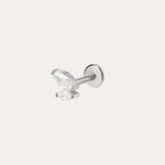 A platinum Double Marquise Threadless Flat Back Titanium Cartilage Stud earring, featuring a clear marquise-cut gemstone in a minimalist prong setting, is displayed against a plain white background. This hypoallergenic cartilage jewelry showcases a comfortable and secure titanium flat back design with a Platinum PVD finish.