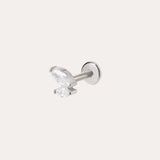 A platinum Double Marquise Threadless Flat Back Titanium Cartilage Stud earring, featuring a clear marquise-cut gemstone in a minimalist prong setting, is displayed against a plain white background. This hypoallergenic cartilage jewelry showcases a comfortable and secure titanium flat back design with a Platinum PVD finish.