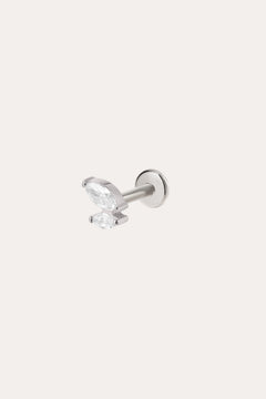 A platinum Double Marquise Threadless Flat Back Titanium Cartilage Stud earring, featuring a clear marquise-cut gemstone in a minimalist prong setting, is displayed against a plain white background. This hypoallergenic cartilage jewelry showcases a comfortable and secure titanium flat back design with a Platinum PVD finish.