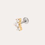 A Curved Crystal Threadless Flat Back Titanium Cartilage Stud in Yellow Gold PVD, featuring a central teardrop-shaped clear gemstone flanked by two smaller pear-shaped clear crystals, displayed on a plain light background.