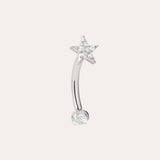 A curved implant-grade titanium barbell earring in a platinum PVD finish, featuring a small clear gemstone at one end and a star-shaped design with sparkling clear stones at the other, set against a plain light background. This hypoallergenic Crystal Star Titanium Rook Barbell in Platinum offers elegant sparkle and comfortable wear for sensitive ears.