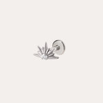 A platinum PVD Sunburst Threadless Flat Back Titanium Cartilage Stud features a radiant sunburst design with a central clear gemstone and is displayed on a plain light background. This hypoallergenic earring offers a comfortable threadless flat back, making it perfect for stylish all-day wear.