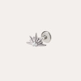 A platinum PVD Sunburst Threadless Flat Back Titanium Cartilage Stud features a radiant sunburst design with a central clear gemstone and is displayed on a plain light background. This hypoallergenic earring offers a comfortable threadless flat back, making it perfect for stylish all-day wear.